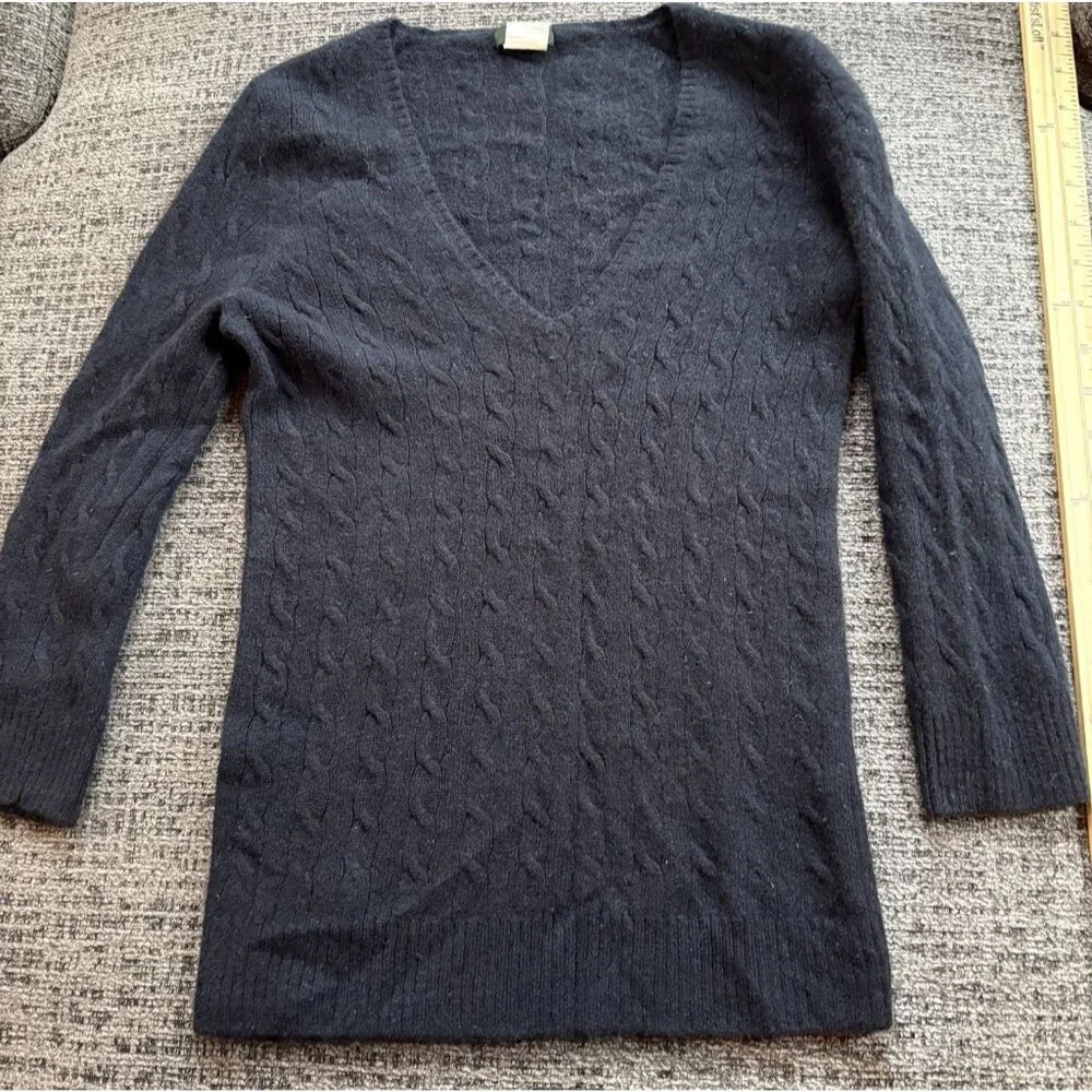 J. Crew Womens Black V-Neck Cable Knit 100% Cashmere Sweater Size S